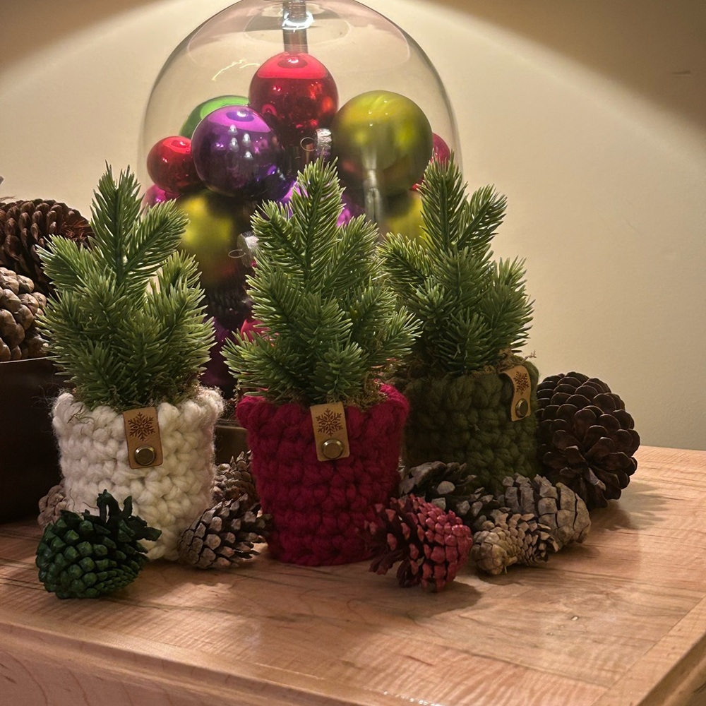 Mini Christmas/Evergreen Tree  Set of 3 with Crochet Cozy Handmade New!
